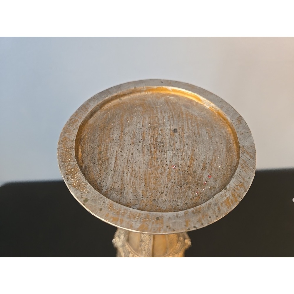 Silver Bronze Tone Embossed Beaded Pedestal Candle Holders 12" Tall Resin - Picture 3 of 11